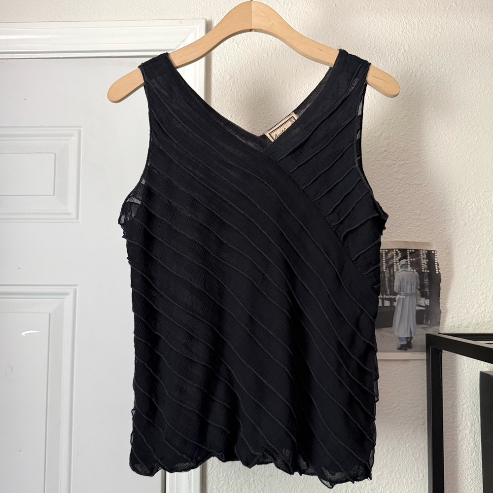 APRIL CORNELL black vintage sheer pleated rayon nylon blend v neck tank top